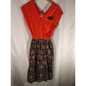 Vintage Jerell of Texas Orange Floral Midi Dress V-Neck Elastic Waist Size‎ 11